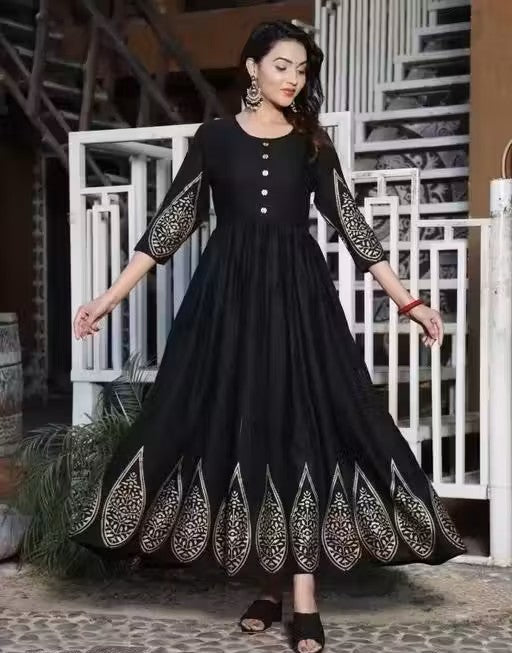 Black Rayon Gold-Printed Anarkali Kurta with 3/4 Sleeves & Show Buttons – For Women & Girls