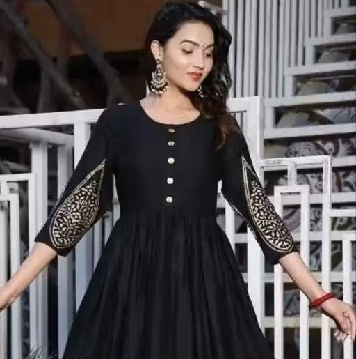 Black Rayon Gold-Printed Anarkali Kurta with 3/4 Sleeves & Show Buttons – For Women & Girls