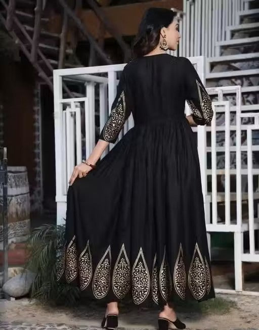 Black Rayon Gold-Printed Anarkali Kurta with 3/4 Sleeves & Show Buttons – For Women & Girls