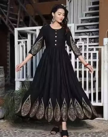 Black Rayon Gold-Printed Anarkali Kurta with 3/4 Sleeves & Show Buttons – For Women & Girls